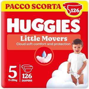 Huggies Little Movers, 126 Pannolini, Taglia 5 (11-25 Kg), Pacco Scorta | Pannolini Taglia 5, Doppie Fasce Laterali, Per Protezione Extra, Dermatologicamente testati