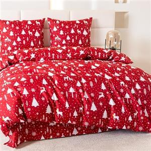 Cotton Market Completo Lenzuola Matrimoniali Cotone - 200x200 cm - Copripiumino Matrimoniale Set con Cuscino 70x80cm - Biancheria da Letto a Fantasi - Eleganza Natalizia, Rosso e Bianco