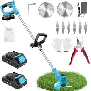 LEEIKOO Decespugliatore a Batteria 21V, Tagliabordi a Batteria con 2 Batterie 2,0Ah, 2 Tipi di Lame in Metallo Tagliaerba Elettrico, Forbici Potatura, Angolazione Regolabili per Giardino Potatura (Blu)