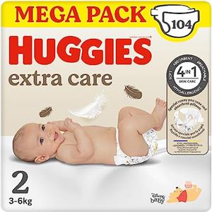 Huggies Extra Care Neonato, 104 Pannolini Taglia 2 (3-6Kg), Pacco Scorta | Pannolini Taglia 2, Alta Assorbenza, Con Bande elastiche, Materiale Traspirante, Ipoallergenici