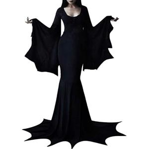 Generisch Morticia Addams, costume da donna per Halloween, abito lungo fino al pavimento, costume per la famiglia Adams, cosplay, carnevale, abito gotico, maniche a pipistrello