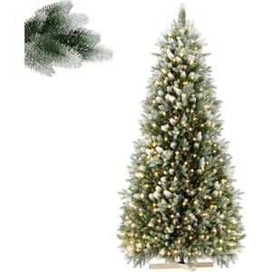 LILIIN Albero di Natale artificiale di alta qualità, 180 cm, con rivestimento di neve artificiale sulle punte, verde PVC + polietilene, con sistema di piegatura, supporto in legno, luci