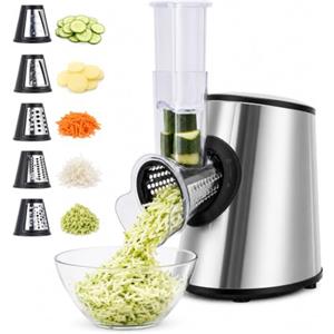 VeftBltrem Tagliaverdure Elettrico Professionale 5 in 1, 800 W con 5 Coni in Acciaio Inox, Affettatrice e Grattugia Multifunzione con Apertura Larga 9 cm per Verdure, Formaggio, Frutta, Carote e Noci, Grigio