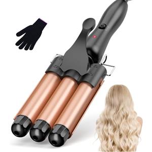 BESTOPE RAY Ferro arricciacapelli ondulato da 25 mm, 3 cilindri, in ceramica, con 2 temperature da 150 a 210 °C, a riscaldamento rapido, con guanto di protezione dal calore (Oro Rosa)