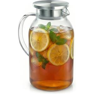 Arendo - Caraffa in vetro da 2,3 l con coperchio in acciaio inox - Caraffa in vetro - Resistente al calore fino a +150 °C - 2 litri - Caraffa per acqua resistente al calore e al freddo