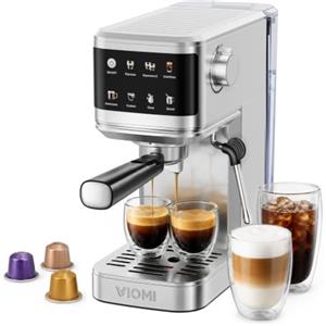 VIOMI T1B Pro 20 Bar Macchina per Caffè Espresso con Montalatte, 2-in-1 | Caffè in Polvere e Cialde, Cold Brew, Touchscreen, Macchina Latte e Cappuccino, Autopulizia, Serbatoio 1,1 L, Acciaio Inox