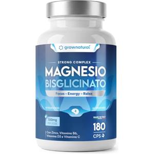 GrowNatural Magnesio Bisglicinato 1500mg con 300mg di Magnesio Elementare, Zinco, Vitamina B6, D3 e C | 180 Capsule | Integratore per Energia, Muscoli e Sistema Nervoso | Alta Assorbibilità | Made in Italy