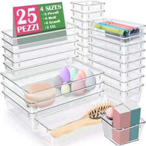 Shally Dogan Set 25 Pezzi Organizer per Cassetti in Plastica Trasparente, Divisori Contenitori Salvaspazio per Trucco, Cucina, Posate, Oggettistica, Bagno, Vassoi per Stoccaggio Portaoggetti