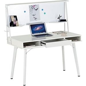 BAKAJI Scrivania con Lavagna Magnetica Bianca Cassetto 2 Ripiani e Mensole Superiori Tavolo Porta PC Computer in Metallo e Legno MDF Design Moderno Arredamento Casa Ufficio Cameretta (Bianco)
