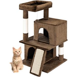 BAKAJI Albero Tiragraffi per Gatto con 3 Cucce Rifugio e 1 Pallina, Graffiatoio Animali Domestici Imbottito e Morbido Gioco Giocattolo, Centro Attività Multilivello Rampicante Altezza 91.5cm (Marrone)