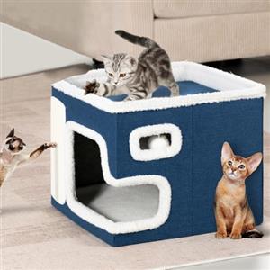 BAKAJI Cuccia per Gatti pieghevole con Grande Ingresso, Casetta Rifugio per Animali Domestici, Tiragraffi in Poliestere Caldo e Imbottito, Cuccetta Graffiatoio Base Antiscivolo 42x42x33 cm (Blu)