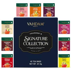 VAHDAM Founder's Select Set Regalo | 9 Varianti, 5 Bustine per Gusto | Set regalo degustazione con 9 varianti di tè e 5 bustine per gusto, idea regalo per donne e uomini