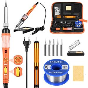 SREMTCH Saldatore a Stagno SREMTCH [Upgraded] 60W Saldatore Kit (200°C- 450°C) con Interruttore ON/OFF, 10 in 1Kit, 5 Punte per Saldatore, Filo di Saldatura 50g, Supporto per Saldatore, PU bag