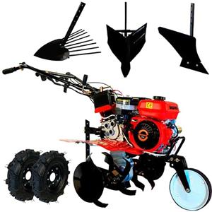 SAKAWA Motocoltivatore avviamento elettrico 3V Ruote + Scavapatate + Assolcatore + Versoio