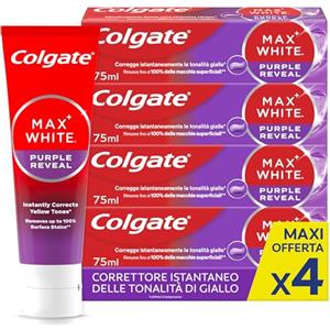Colgate Dentifricio Sbiancante Max White Purple Reveal 4 Confezioni da 75 ml I Per Denti Bianchi I Sicuro Per Lo Smalto I Contiene Fluoro I Sbiancamento denti I Bianco naturale