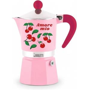 Bialetti Caffettiera Moka Rainbow Amore Mio 3 Tazze, Rossa con Ciliegie, Alluminio, 130 ml, Preparazione Caffè Espresso Manuale