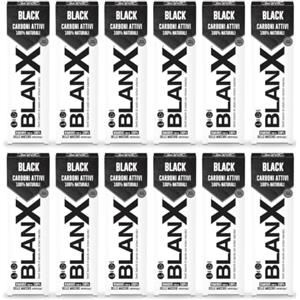 BlanX, Dentifricio Black, Dentifricio Sbiancante e Antimacchia, Con Carboni Attivi e Licheni Islandici 100% Naturali, Rimuove Macchie da Caffè Fumo e Tè, Vegan Friendly, 12x75ml