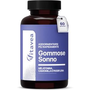 Vitavea Gummies Sonno Melatonina - 1mg - con Camomilla e Passiflora - 1 Mese | Formula Completa Con Verbena ed Eschscholzia In Sinergia - Rilassamento - Senza Zuccheri - Gusto Mela - 60 Gommose - Vitavea