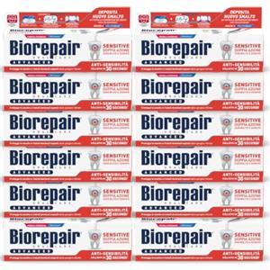 Biorepair, Dentifricio Advanced Sensitive, Doppia Azione Sensibilità e Gengive, Protegge le Gengive, Dona Sollievo in 30 Secondi, Con MicroRepair e CPC Antibatterico, Senza Fluoro e Parabeni, 12x75ml