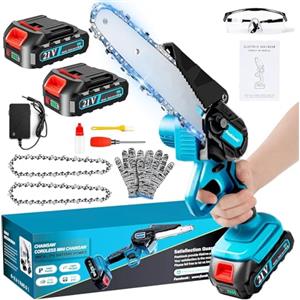 enlik Mini Motosega a Batteria per Potatura, 1000W Motore Brushless, 6 Pollici Motosega Elettrica con 2*2000mAh Batterie di grande capacità, 2 Catene e Blocco di sicurezza per il Taglio Del Legno e Giardini
