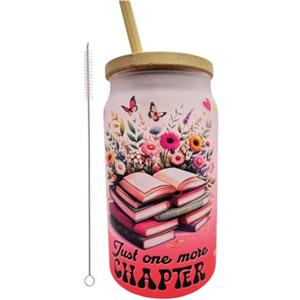 La Ruotante Bicchiere in vetro con coperchio e cannuccia in bambù, 350 ml, idea regalo (more-chapter)