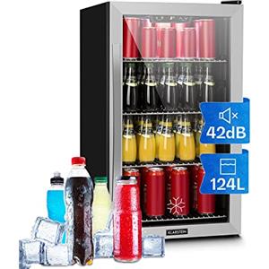 KLARSTEIN Beersafe 124 L Frigorifero per Bevande con Porta in Vetro, Nero/Argento | luce LED, ripiani metallici estraibili, silenzioso, frigo bar per birra, lattine e bottiglie