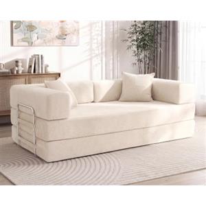 Vipbear Divano letto 5-in-1 a coste 200cm funzione letto divano a pavimento | Divano a 3 posti disossato schiuma ad alta densità pet-friendly ed ergonomico, per camera compatta, senza montaggio, beige
