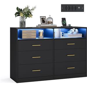 VASAGLE Cassettiera Camera da Letto, con LED e Presa Multipla, 6 Cassetti | Mobile TV per Soggiorno, Moderno, 119 x 40 x 81,2 cm, Nero Inchiostro, Collezione CUSTOS LTS316BC01