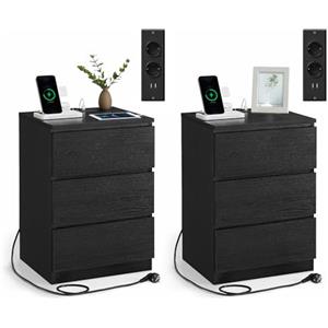 VASAGLE KAILYN Collezione - Comodino con Stazione di Ricarica, Set di 2, con 3 Cassetti, 2 Prese AC 2 Porte USB, per Soggiorno, Camera da Letto, Studio, Nero Ebano LET831B56