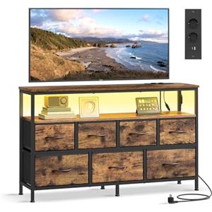 SONGMICS Cassettiera con 7 Cassetti in Tessuto, con Luci LED e Prese | Mobiletto in Acciaio, Ripiano Aperto, per Camera da Letto, 113,8 x 30 x 68,1 cm, Marrone e Nero, Collezione BELLAH LGS733KD01