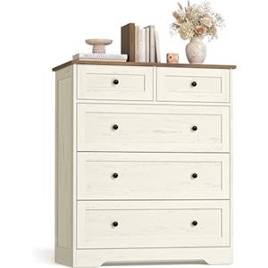 VASAGLE Cassettiera, Mobile Contenitore, 5 Cassetti, 40 x 80 x 93,6 cm | Stile Rustico, Organizzatore Versatile, Bianco Vintage e Marrone Miele, SIREN Collezione LTS643WJ01