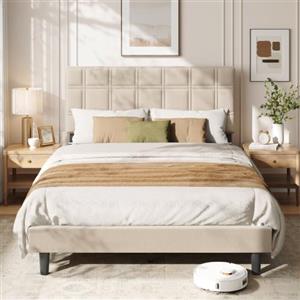 VASAGLE Struttura Letto Imbottita, Altezza Regolabile, 140 x 200 cm | Testiera Letto, Doghe Letto, 204,1 x 143,5 cm, Silenzioso, Beige Cappuccino, Collezione Mazey, RMB184L101