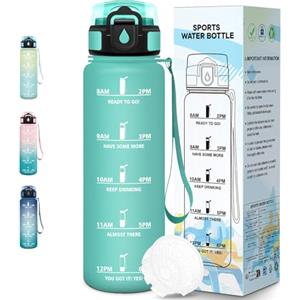 Baramumu Borraccia, 1000ML Senza BPA, Borraccia Sport, Design della serratura a prova di perdite, Bottiglia Motivazionale, Con marca temporale, Bottiglia Acqua per Scuola, Yoga, Campeggio - Blu&verde