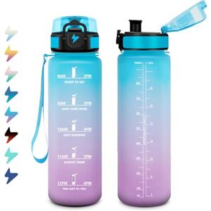 KollyKolla Borraccia 1 Litro, Bottiglia Motivazionale con Filtro, a Prova di Perdite, Bottiglia Acqua Sportiva con Indicatore del Tempo, Facile da Aprire, Borraccia Palestra per Viaggi, Fitness, Scuola