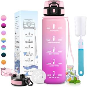 JAPORIA Borraccia 1L, Bottiglia Motivazionale con Filtro, a Prova di Perdite, Bottiglia Acqua con Indicatore del Tempo, per Scuola, Campeggio