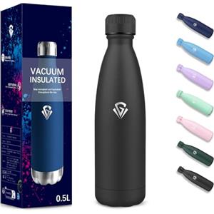 Motswedi Borraccia Termica, 500 ml Senza BPA, Borraccia, Isolamento Sottovuoto a Doppia Parete, Borracce Acciaio Inox, 304 Acciaio Inossidabile, Bottiglia Termica per Scuola, Viaggi, Jogging, Campeggio - Nero