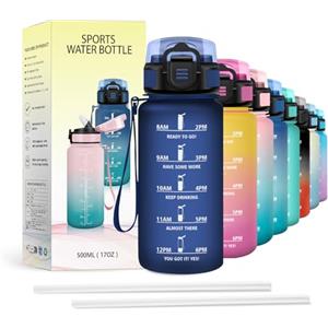 JAPORIA Borraccia 500ml, a Prova di Perdite, Bottiglia Motivazionale con Cannuccia, Indicatore Tempo, per Campeggio, Scuola, Ufficio, Lavoro