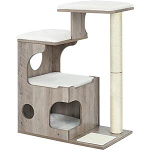 Feandrea Tiragraffi, Albero per Gatti Alto 86 cm, con Grotta | Posatoi, Colonna e Tappeto in Sisal, Peluche a Pelo Corto, Greige Melange e Bianco Crema, Collezione CAEN PCT070G01