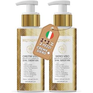 BELL'ITALIABIO Crema e Siero Viso Antirughe con Bava di Lumaca, Acido Ialuronico, Vitamina E, Rigenerante Illuminante con Aloe Vera, Trattamento Anti-Età Multifunzionale Imperfezioni Discromie, Made in Italy 2x100ml