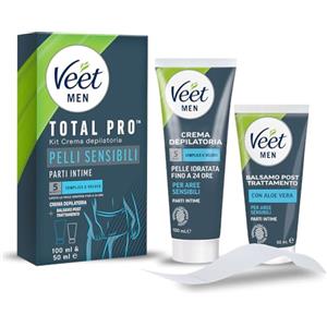 Veet Men Kit Depilazione Intima per Pelli Sensibili, Crema Depilatoria Uomo Parti Intime, Dermatologicamente Testata, Efficace Dopo 5 minuti, Crema Depilatoria 100 ml e Balsamo Post Depilazione 50 ml