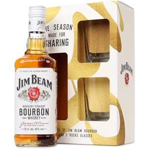 Jim Beam Kentucky Straight Bourbon Whiskey, Confezione Regalo con 2 Bicchieri, Bourbon Distillato A Bassa Temperatura Da Un Mix Di Cerali, 4 Anni Di Invecchiamento, 700 ml