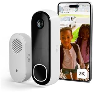 Arlo Essential 2K Videocitofono + Campanello Chime, Telecamera WiFi Esterno Senza Fili, Campanello Senza Fili da Esterno, Citofono Smart, Sensore Movimento, Sirena, Prova Inclusa Secure App, Bianco