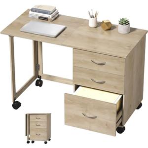 HOMCOM Scrivania per Computer Pieghevole, 3 Cassetti, Rovere | Scrivania Ufficio Salvaspazio, 6 Ruote, Guide per A4 Lettera, Tavolo PC per Ufficio Studio Camera da Letto 107x50x72cm