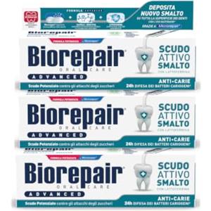 Biorepair, Dentifricio Advanced Scudo Attivo Smalto, 3 x 75ml | Anti-Carie, Con MicroRepair, Lattoferrina e Zinco PCA, Senza Fluoro