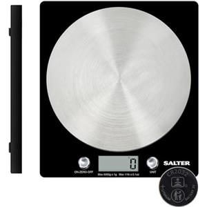 Salter 1036 BKSSDR - Bilancia elettronica a disco, vista in TV, design elegante e sottile, piattaforma in acciaio inox filato, aggiungi e pesa liquidi, capacità max di 5 Kg, Nero/cromato