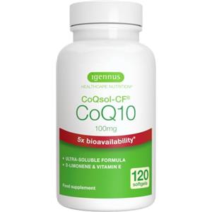 Igennus Healthcare Nutrition Igennus Integratore CoQ10, Coenzima Q10 100mg, 120 Softgels, 1 al giorno | Biodisponibilità 5x Superiore, Formula Ultra-Solubile CoQsol-CF, Ubichinone Potenziato con Vitamina E e D-Limonene