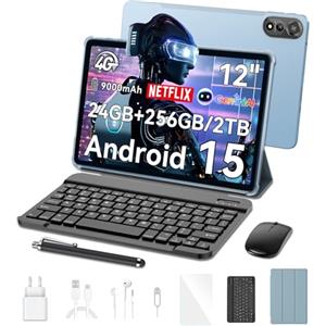 Blackview Tablet 12 Pollici con Tastiera, Tablet Android 15, Dual SIM 4G, 24GB RAM 256GB ROM, GeminiAI 3.0, 9000mAh, Wi-Fi Dual-Band, Riconoscimento Facciale, Widevine L1, GPS, Mouse/Custodia/Penna