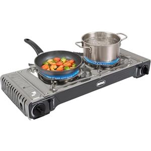 Amig - Fornello da campeggio a gas CAMP02 - Cucina portatile - 2 bruciatori - Include piastra - Griglia in ghisa - Acciaio inox - 2 x 2,2 kW di potenza
