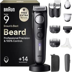 Braun Serie 9 Regolabarba Uomo, Base Ricarica, Custodia, Bt9565 Titanio | Rasoio Elettrico Barba Impermeabile con +14 Strumenti da Barbiere, Lama Problade Affilata a Vita, 180 Min