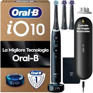 Oral-B iO 10 Spazzolino Elettrico, 3 Testine di Ricambio, Custodia, Nero | 3 Testina di Ricambio per Spazzolino Elettrico, Ricaricabile, Custodia da Viaggio Ricaricabile, Pulizia Denti Efficace